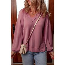 Fiery Red Twisted Rib V Neck Drop Shoulder Loose Sleeve Oversize Top