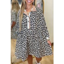 Multicolour Button Striped Collar Leopard Print Long Sleeve Flared Dress