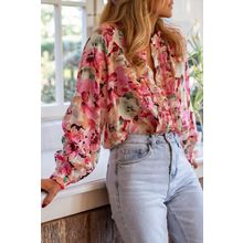 Red Floral Print Ruffled Stitch Buttoned Loose Fit Shirt