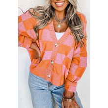 Orange Checkered Drop Shoulder Buttoned V Neck Cardigan