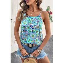 White Rhinestone Boho Floral Printed Spaghetti Strap Tank Top