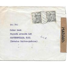 Spain Air Mail Combo Vich to NY USA Double Censor, Civil War 1945