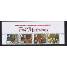 3212-3215 32c Folk Musicians Fine MNH Top Strip of 4 2 P#s L01587
