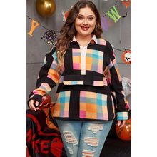 Black Plus Size Checkered Print Sherpa Henley Sweatshirt