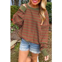 Brown Stripe Trimmed Round Neck Drop Shoulder Loose Sweater