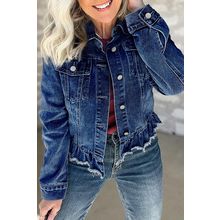 Navy Blue Ruffle Raw Hem Flap Pockets Denim Jacket