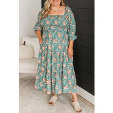 Green Plus Size Floral Print Square Neck Smocked Maxi Dress