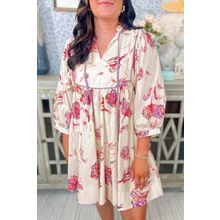 White Floral Print Lace up V Neck Balloon Sleeve Plus Size Shift Mini Dress