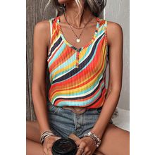Multicolour Wavy Striped Buttoned V Neck Tank Top