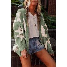 Green Sherpa Star Pattern Textured Sweater Cardigan with Pockets