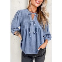 Myosotis Denim Front Pintuck Bow Tie Puff Sleeve Top