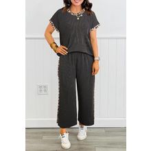 Carbon Grey Leopard Patchwork Edge Twisted Rib T Shirt and Cropped Pants Set