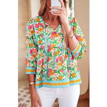 Green Floral Print Striped Trim Tie Neck Puff Sleeve Babydoll Blouse