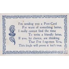 I Cant Write A Friendly Letter Remember You Comic Songcard Antique Poem Postcard