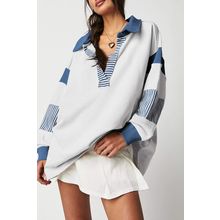 Dark Blue Striped Colorblock Patchwork Collar Sweatshirt