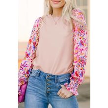 Oatmeal Floral Printed Patchwork Smocked Lantern Sleeve Knit Top