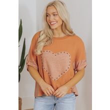 Desert Gold Stud Heart Patch Textured Front Dolman Top