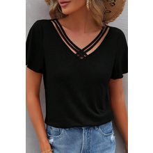 Black Crisscross V Neck Butterfly Sleeve T Shirt