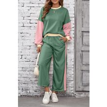 Mist Green 2pcs Color Block Pullover Loose Pant Set
