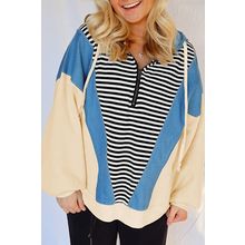 Black Stripe Denim Color Block Quarter Zip Baggy Drawstring Hoodie