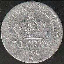 1865 K France 50 Centimes Silver Coin