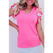 Bonbon V Neck Printed Ruffle Sleeve Patchwork T-shirt