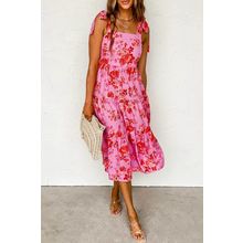 Pink Tie Shoulder Straps Tiered Floral Dress