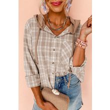 Khaki Checkered Print Loose Fit Buttoned Hooded Shacket