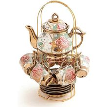 CHANJOON Gold Plated Red Rose Ceramic Tea Set, Vintage Tea Set with Teapot, Beau