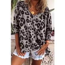 Gray Leopard Split Joint V Neck Long Sleeve Top