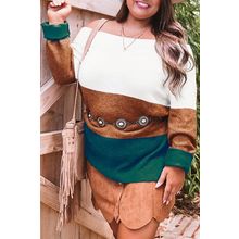 Brown Plus Size Ribbed Trim Color Block Sweater