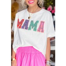 White MAMA Chenille Patched Crew Neck T Shirt