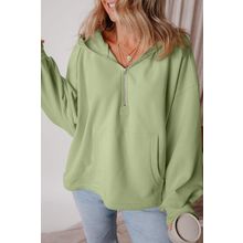 Smoke Green Fleece Lined Half Zipper Kangaroo Pockets Loose Hoodie