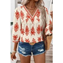 Orange Vintage Geometric Printed 3/4 Sleeve V Neck Blouse