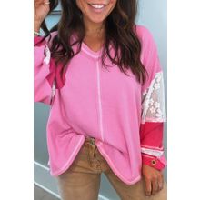 Bonbon Lace Floral Patchwork Sleeve Stitching V Neck Rib Knit Blouse