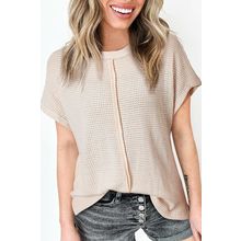 Pale Khaki Solid Color Textured Seamed Short Sleeve Top