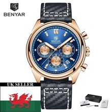 NEW BENYAR (PAGANI) Blue Chronograph Face Date Black Genuine Leather Strap Watch