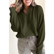 Jungle Green Zipped Neck Pullover Drop Shoulder Sweatshirt