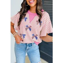 Sachet Pink Sequined American Flag Bow Patched Striped Ruffled Sleeve Blouse