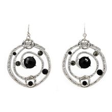 Hand Hammered Foil Look Earrings - Linear Circle w/ Black Rhinestones - ER-OE...