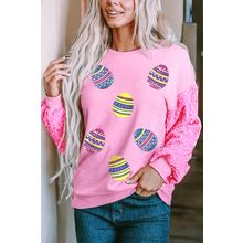 Pink Easter Egg Patched Sequin Sleeve Patchwork Crewneck Pullover Top