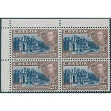 Ceylon 1944 25c deep blue & chocolate Wmk upright SG392a MNH block x4