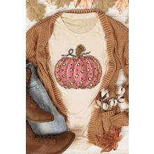 Khaki Cheetah Pumpkin Print Round Neck T Shirt
