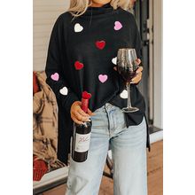 Black Valentines Chenille Heart Patched Dolman Sleeve High Neck Split Top