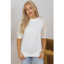 White Lace Crochet Short Sleeve Round Neck T Shirt