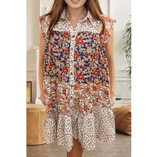 Beige Plus Size Floral Patchwork Button Front Collared Mini Dress