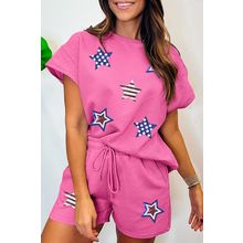 Strawberry Pink Solid Color Textured Sequined American Star Patched Short 2pcs O