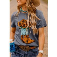 Gray Sunflower Cowgirl Boots Print Western Fashion T Shirt