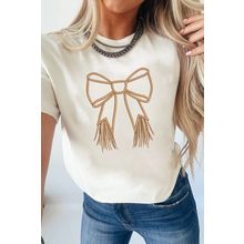 White Tassel Bowknot Embroidered Graphic Print Western Round Neck T Shirt