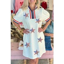White July 4th Sequined USA Flag Star Patched Textured Collared T Shirt Dress